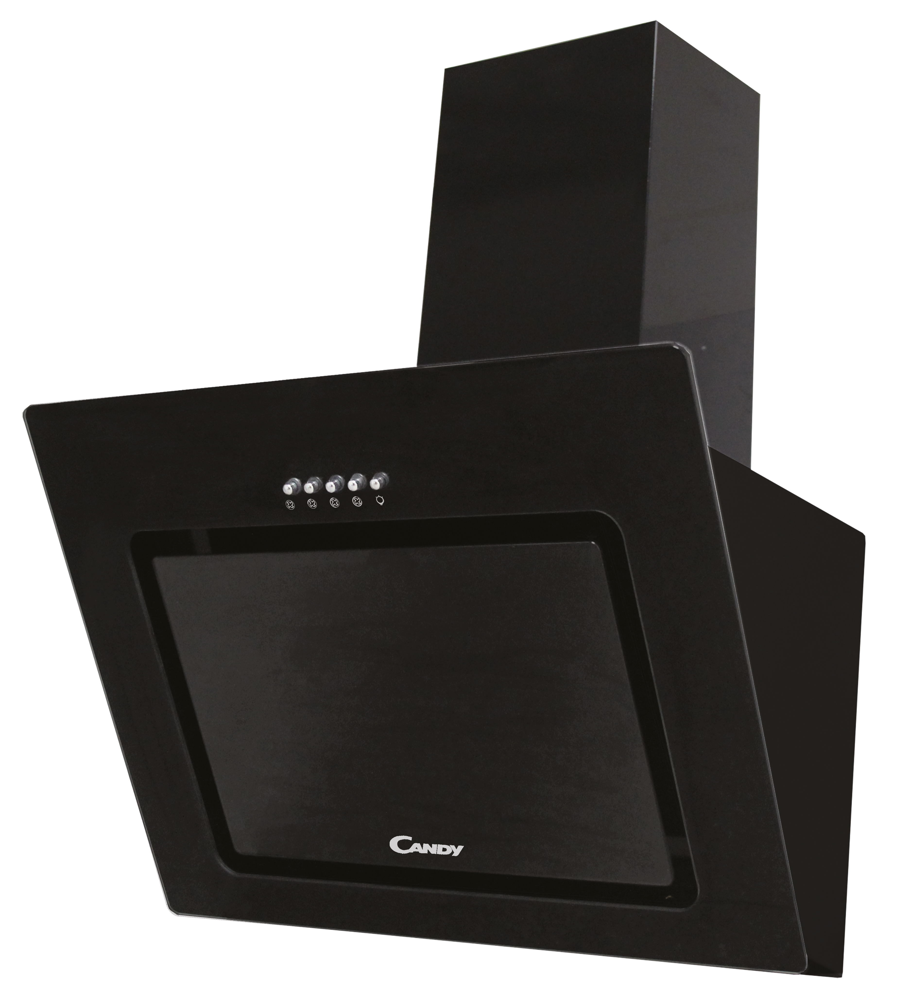 CANDY 60CM ANGLED CHIMNEY HOOD BLACK GLASS